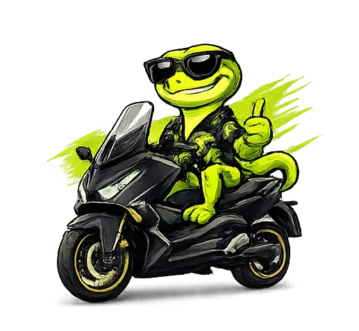 Gecko ScootZone à lunettes de soleil sur un Yamaha TMAX — location de scooter à Patong, Phuket
